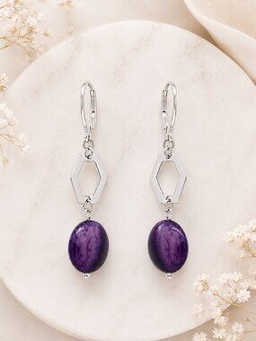 Mexican Sterling Silver .925 Geometric Drop Earrings with Purple Stone
